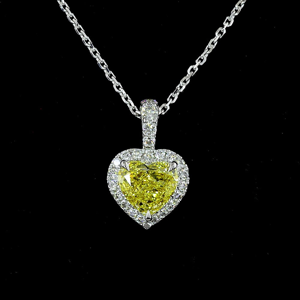 14K White Gold Heart Shape Halo Pendant with 1.07 Carat Fancy Yellow Lab Diamond and 0.16 Carat Brilliant Round Diamonds - Total 1.27 Carats - Covaloro Fine Jewelry