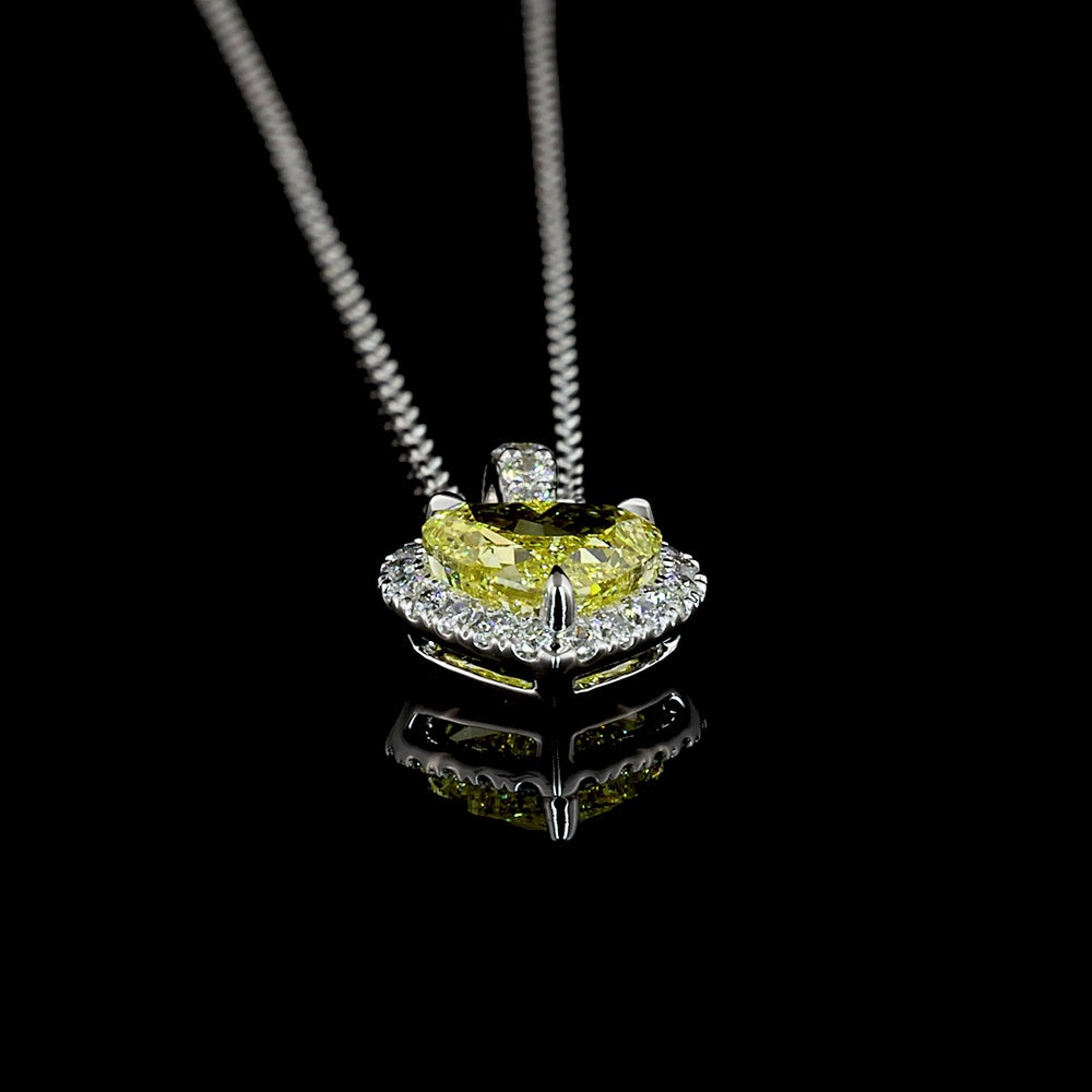 14K White Gold Heart Shape Halo Pendant with 1.07 Carat Fancy Yellow Lab Diamond and 0.16 Carat Brilliant Round Diamonds - Total 1.27 Carats - Covaloro Fine Jewelry