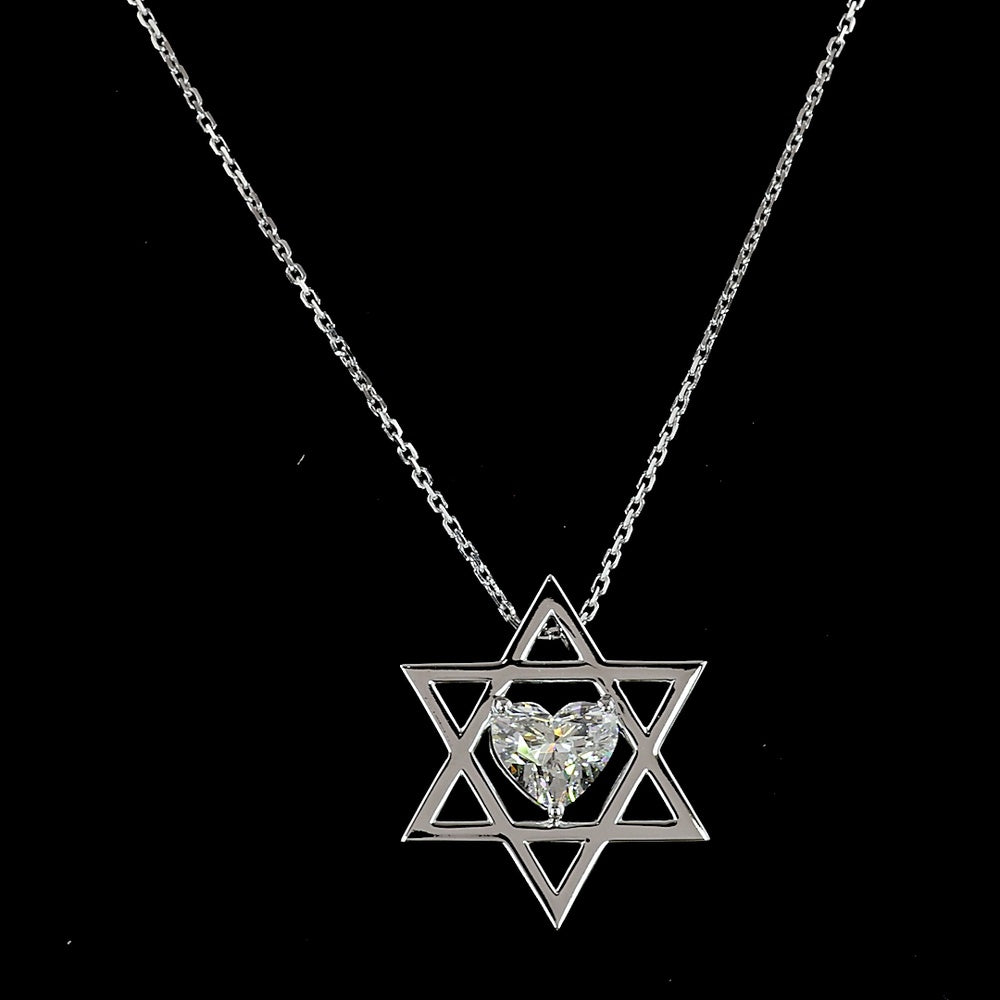 14K White Gold Heart Shape Lab Diamond Solitaire Pendant - Star of David Motif with 1.02 Carat E-F VVS2 Diamond - Covaloro Fine Jewelry