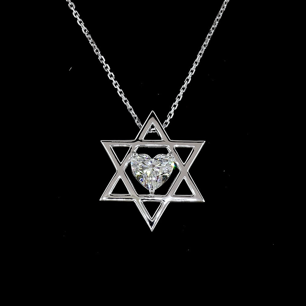 14K White Gold Heart Shape Lab Diamond Solitaire Pendant - Star of David Motif with 1.02 Carat E-F VVS2 Diamond - Covaloro Fine Jewelry