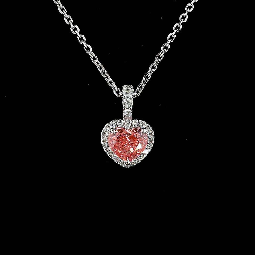 14K White Gold Heart Shape Pendant with 1.01 Carat Fancy Vivid Pink Lab Diamond and Diamond Halo - 1.17 Carat Total Weight - Covaloro Fine Jewelry