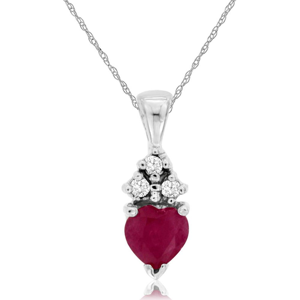 14K White Gold Heart Shape Ruby Pendant with Round Diamond Accents - 0.60 Carat Ruby and 0.05 Carat Total Diamond Weight - Royal Jewelry