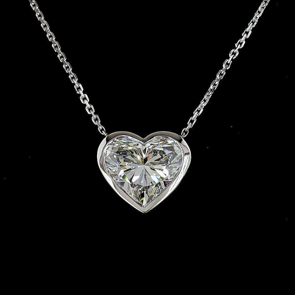 14K White Gold Heart Shape Solitaire Pendant with Bezel Set Lab Diamond - 3.06 Carat Total Diamond Weight - Covaloro Fine Jewelry
