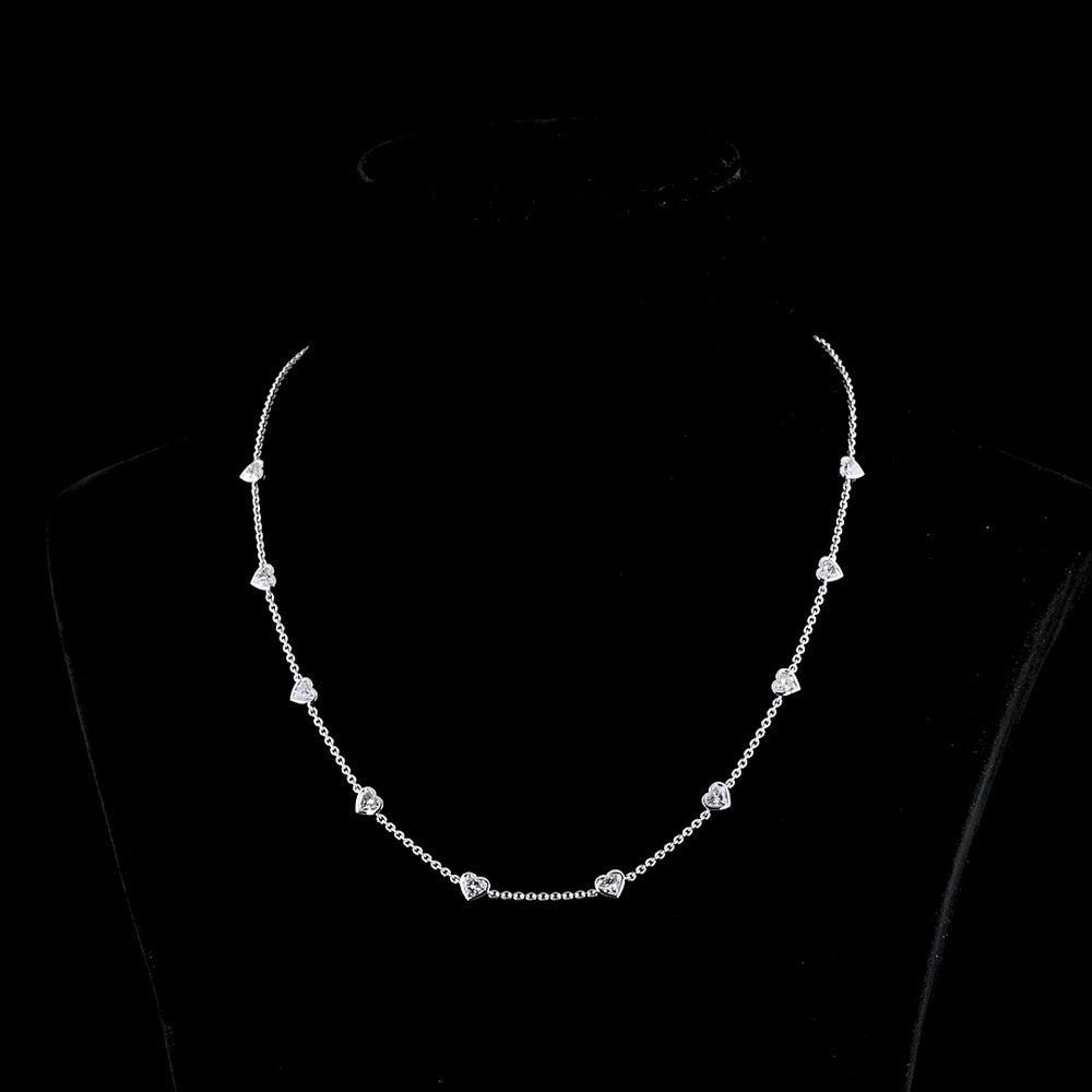 14K White Gold Heart Shape Station Necklace with Bezel Set Lab Grown Diamonds - 3.15 Carats Total Diamond Weight - Covaloro Fine Jewelry