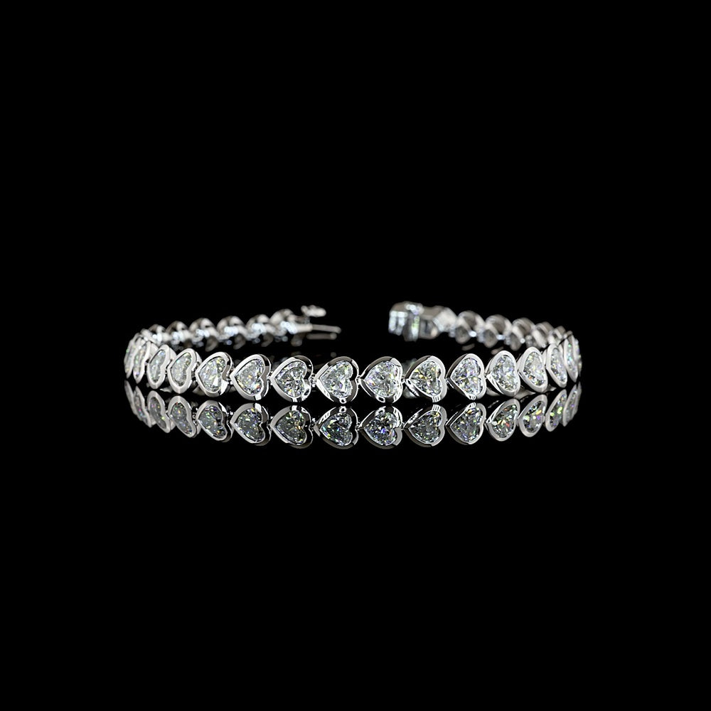 14K White Gold Heart Shape Tennis Bracelet with Bezel Set Lab Diamonds - 11.18 Carats Total Diamond Weight - Covaloro Fine Jewelry