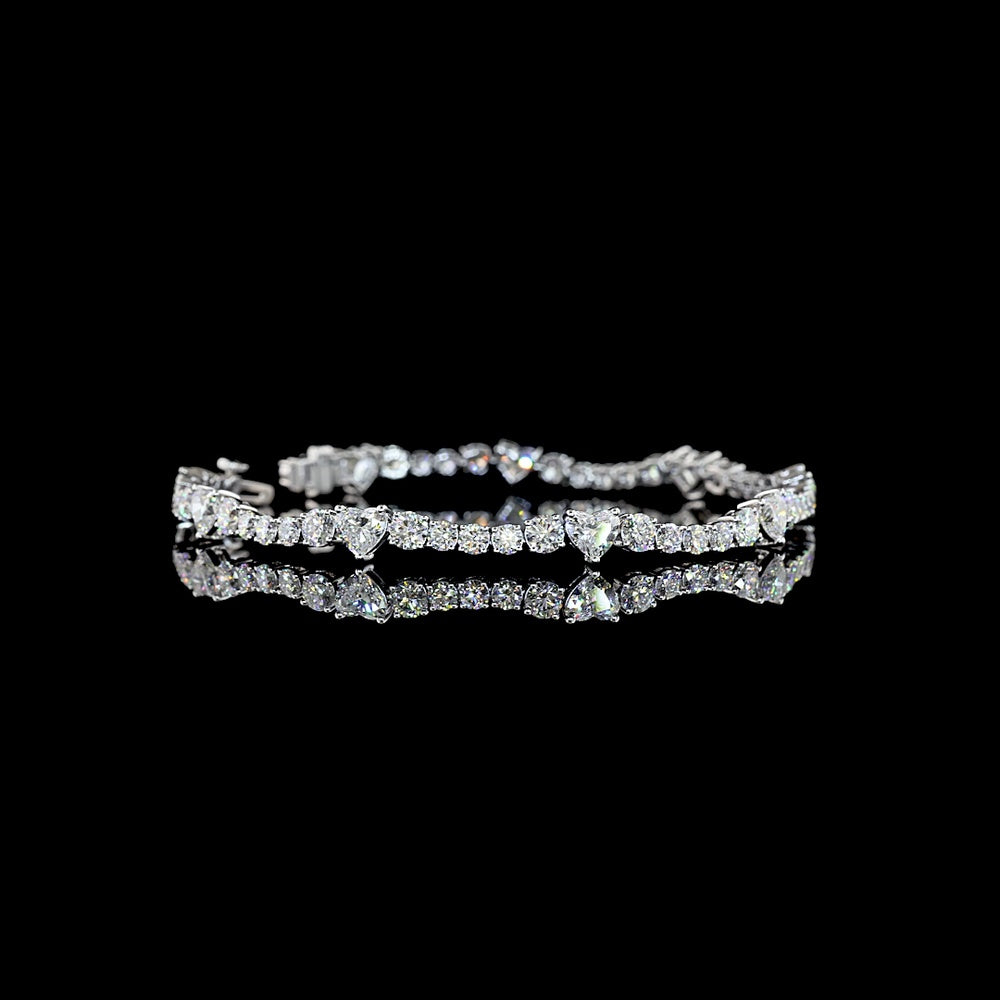 14K White Gold Heart Shape Tennis Bracelet with Brilliant Round and Heart Lab Diamonds - 8.20 Carats Total Diamond Weight - Covaloro Fine Jewelry