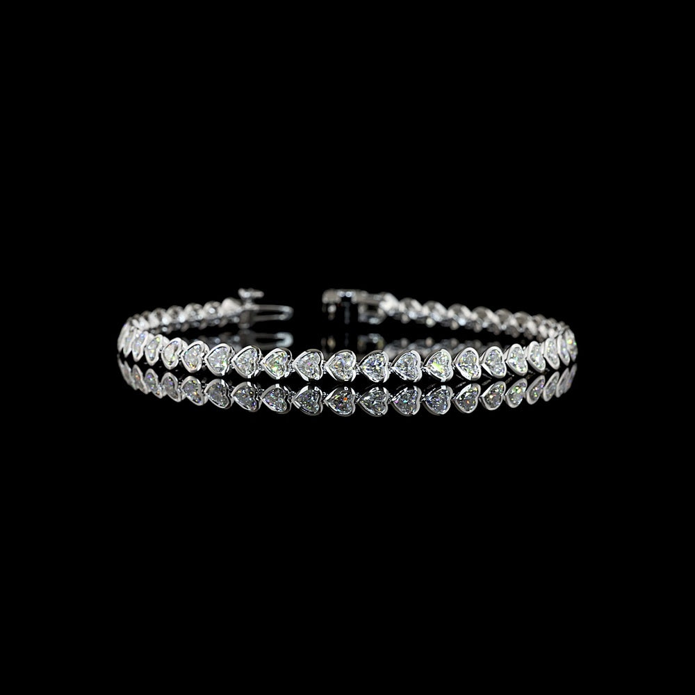 14K White Gold Heart Shape Tennis Bracelet with East-West Bezel Set Lab Diamonds - 5.43 Carat Total Weight - Covaloro Fine Jewelry