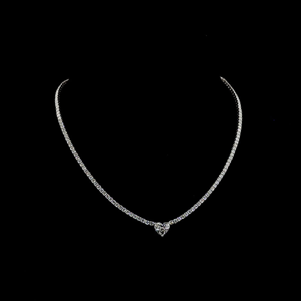 14K White Gold Heart Shape Tennis Necklace with Prong Set Lab Diamonds - 9.97 Carat Total Weight - Covaloro Fine Jewelry