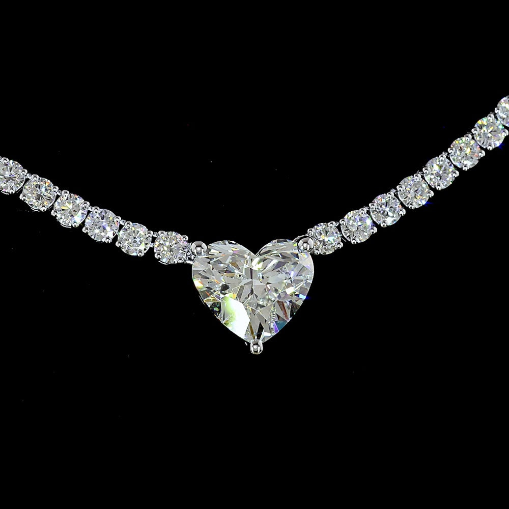 14K White Gold Heart Shape Tennis Necklace with Prong Set Lab Diamonds - 9.97 Carat Total Weight - Covaloro Fine Jewelry