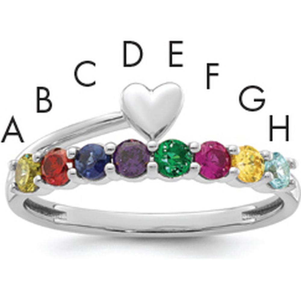 14K White Gold Heart-Shaped Birthstone Mother's Ring with 8 Round Gemstones - Personalized Family Jewelry by Oro Pregiato
