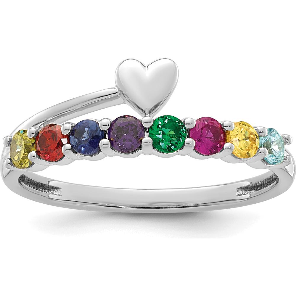 14K White Gold Heart-Shaped Birthstone Mother's Ring with 8 Round Gemstones - Personalized Family Jewelry by Oro Pregiato