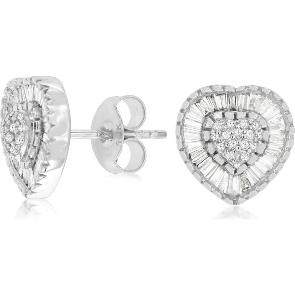 14K White Gold Heart-Shaped Diamond Stud Earrings with Round and Baguette Cut Halo - 0.54 Carat Total Diamond Weight - Royal Jewelry