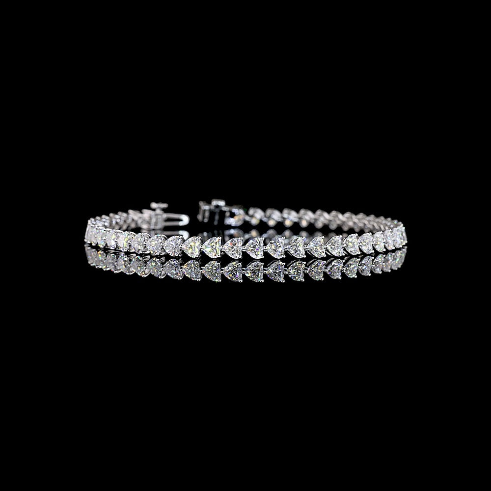 14K White Gold Heart-Shaped Diamond Tennis Bracelet with East-West Prong Set Lab Diamonds - 7.61 Carat Total Weight, 48 Stones E-F VS1 - Covaloro Fine Jewelry