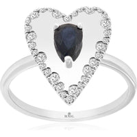 14K White Gold Heart-Shaped Halo Ring with Pear-Cut Sapphire and Pavé Set Round Diamonds - 0.52 Carat Sapphire and 0.26 Carat Total Diamond Weight - Royal Jewelry