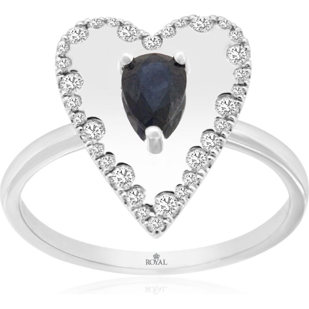 14K White Gold Heart-Shaped Halo Ring with Pear-Cut Sapphire and Pavé Set Round Diamonds - 0.52 Carat Sapphire and 0.26 Carat Total Diamond Weight - Royal Jewelry