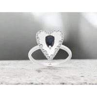 14K White Gold Heart-Shaped Halo Ring with Pear-Cut Sapphire and Pavé Set Round Diamonds - 0.52 Carat Sapphire and 0.26 Carat Total Diamond Weight - Royal Jewelry