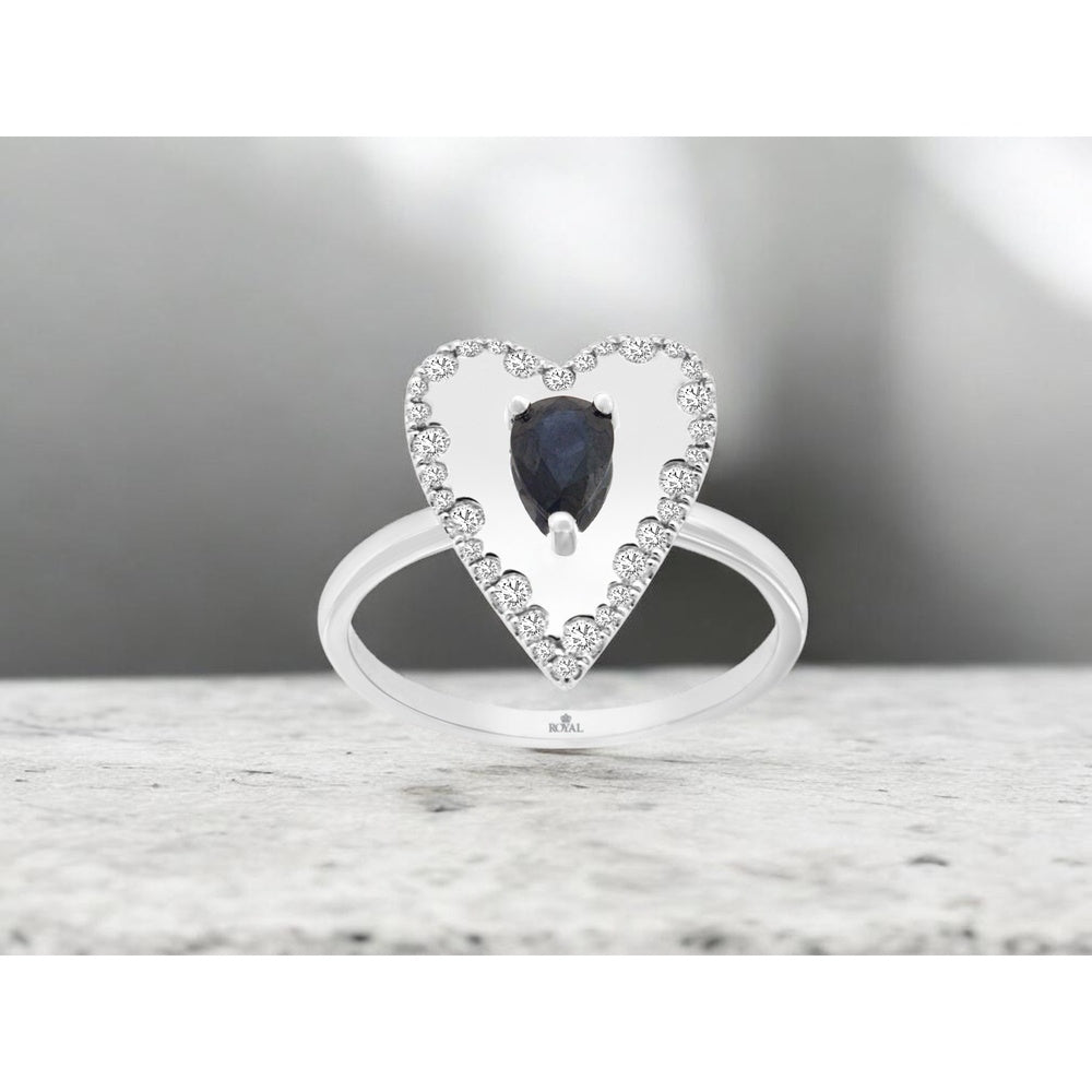 14K White Gold Heart-Shaped Halo Ring with Pear-Cut Sapphire and Pavé Set Round Diamonds - 0.52 Carat Sapphire and 0.26 Carat Total Diamond Weight - Royal Jewelry
