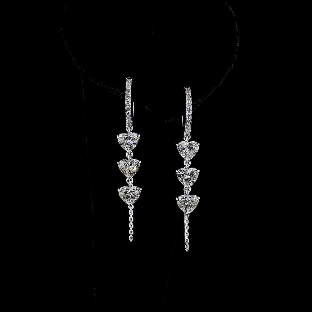 14K White Gold Heart-Shaped Hanging Drop Earrings with Three Heart-Cut Lab Diamonds and Brilliant Accents - 3.21 Carat Total Diamond Weight - Covaloro Fine Jewelry