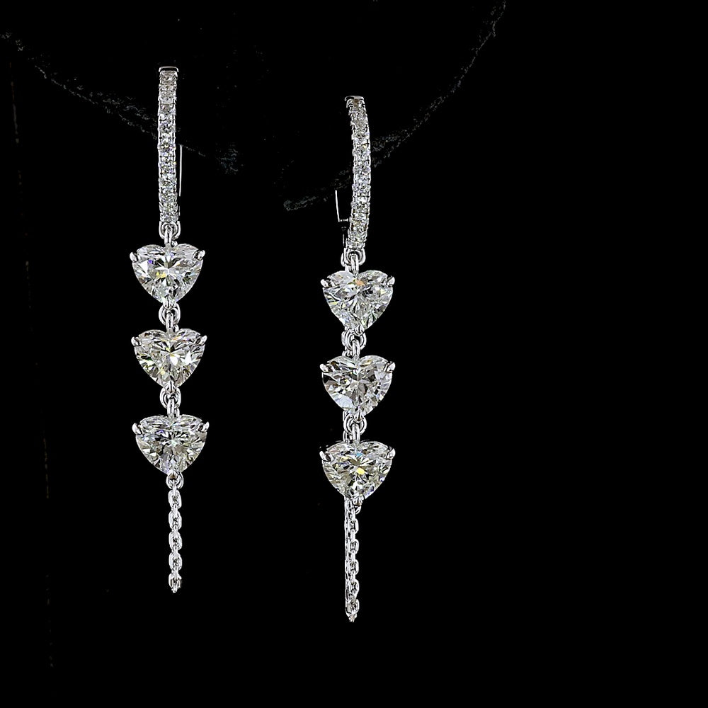 14K White Gold Heart-Shaped Hanging Drop Earrings with Three Heart-Cut Lab Diamonds and Brilliant Accents - 3.21 Carat Total Diamond Weight - Covaloro Fine Jewelry