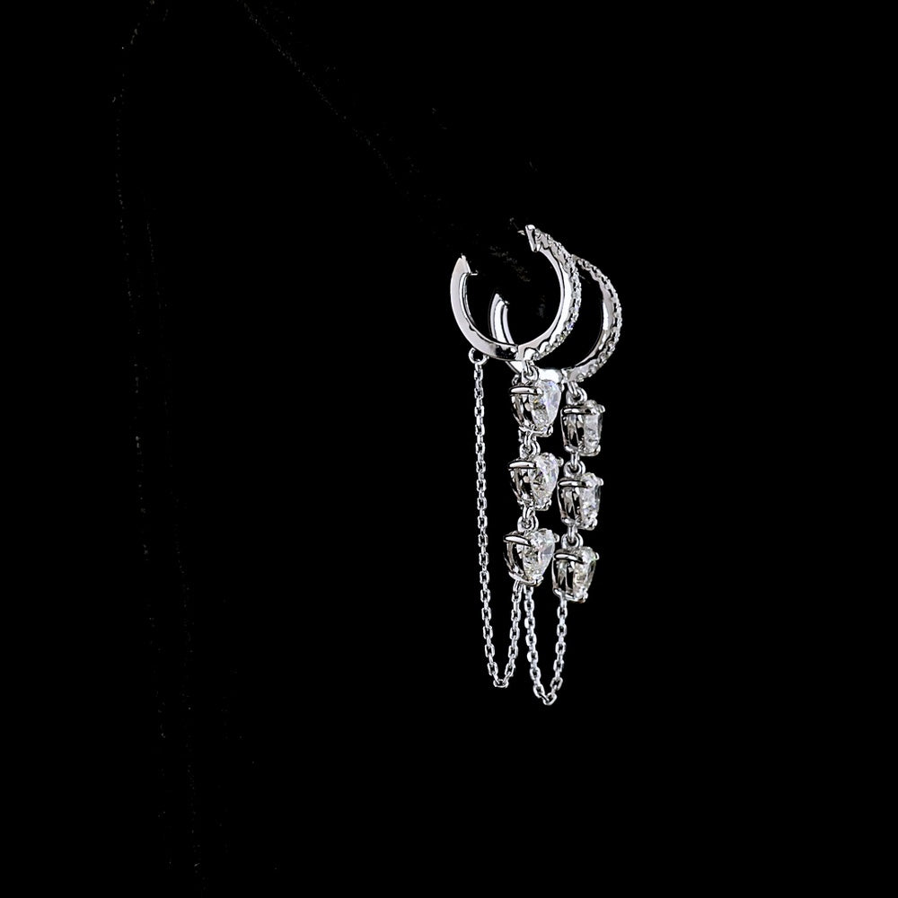 14K White Gold Heart-Shaped Hanging Drop Earrings with Three Heart-Cut Lab Diamonds and Brilliant Accents - 3.21 Carat Total Diamond Weight - Covaloro Fine Jewelry