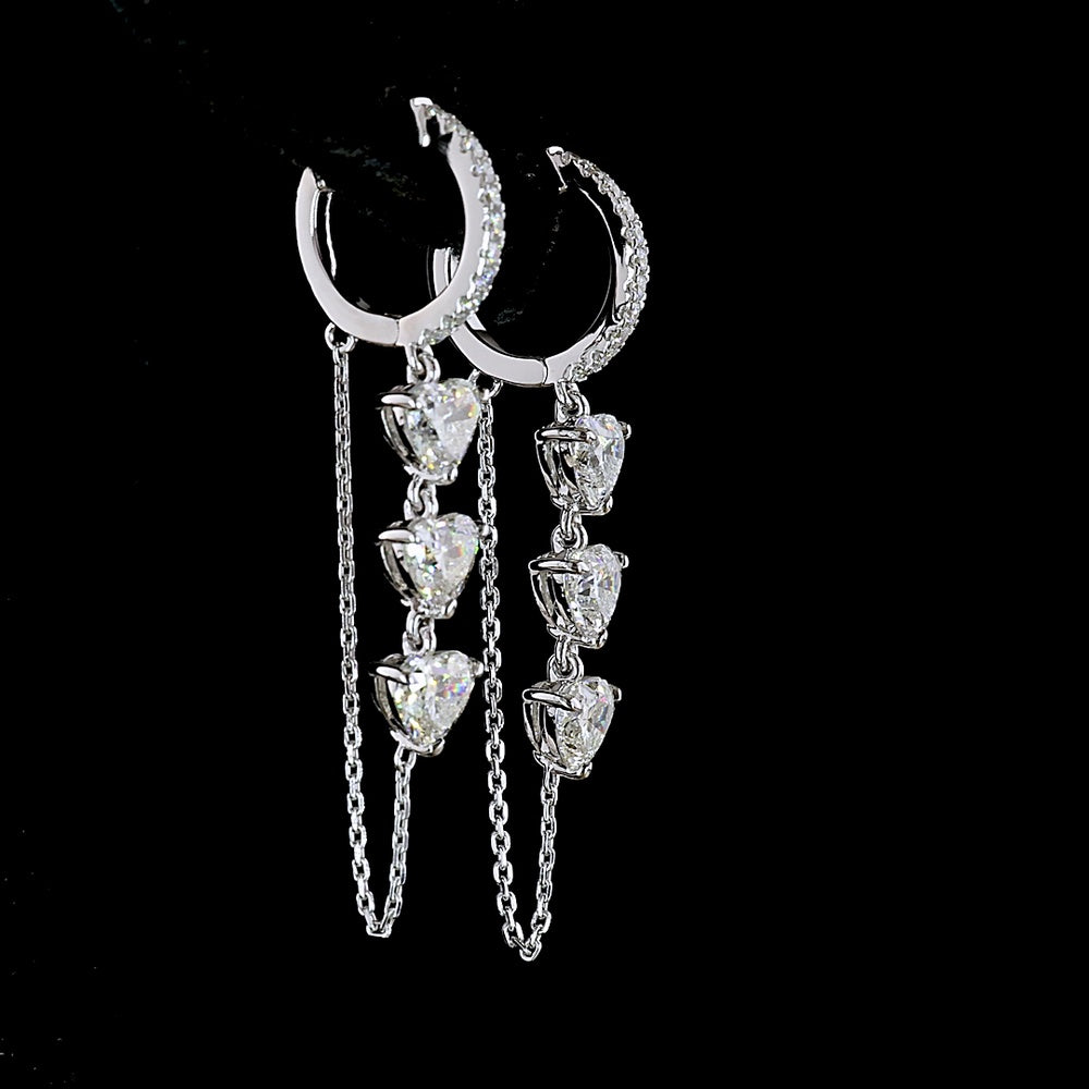 14K White Gold Heart-Shaped Hanging Drop Earrings with Three Heart-Cut Lab Diamonds and Brilliant Accents - 3.21 Carat Total Diamond Weight - Covaloro Fine Jewelry
