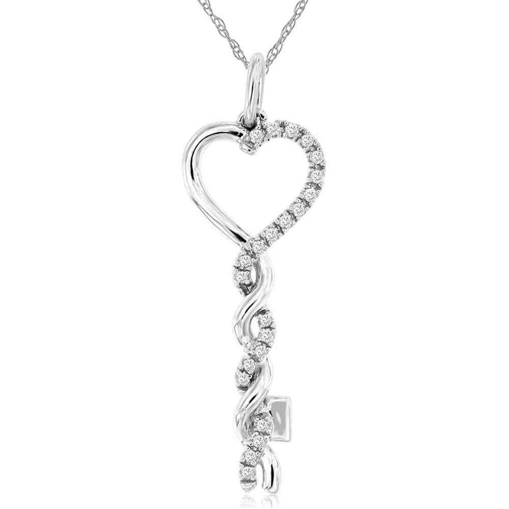14K White Gold Heart-Shaped Key Pendant with Pave Set Diamonds - 0.10 Carats Total Diamond Weight