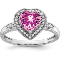 14K White Gold Heart Shaped Lab Created Pink Sapphire and Diamond Halo Ring - 1.52 Carat Total Sapphire Weight, 0.034 Carat Total Diamond Weight by 0