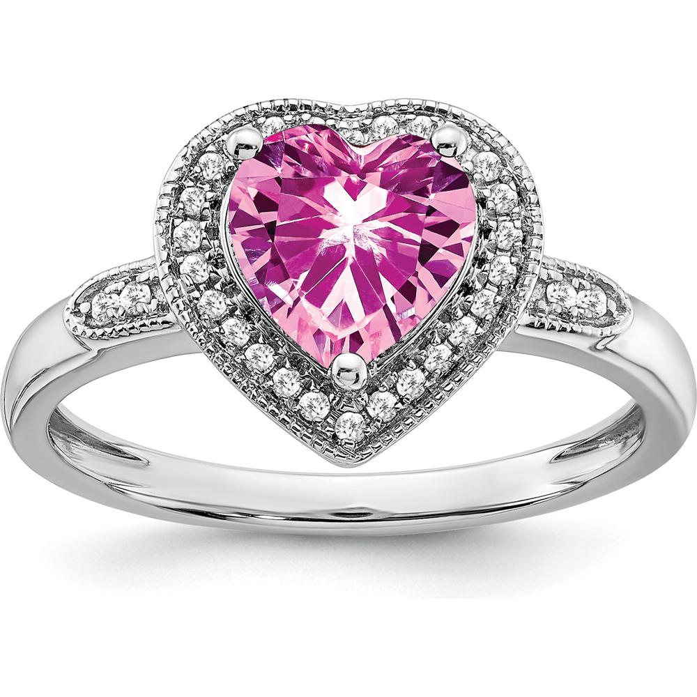 14K White Gold Heart Shaped Lab Created Pink Sapphire and Diamond Halo Ring - 1.52 Carat Total Sapphire Weight, 0.034 Carat Total Diamond Weight by 0