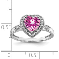 14K White Gold Heart Shaped Lab Created Pink Sapphire and Diamond Halo Ring - 1.52 Carat Total Sapphire Weight, 0.034 Carat Total Diamond Weight by 0