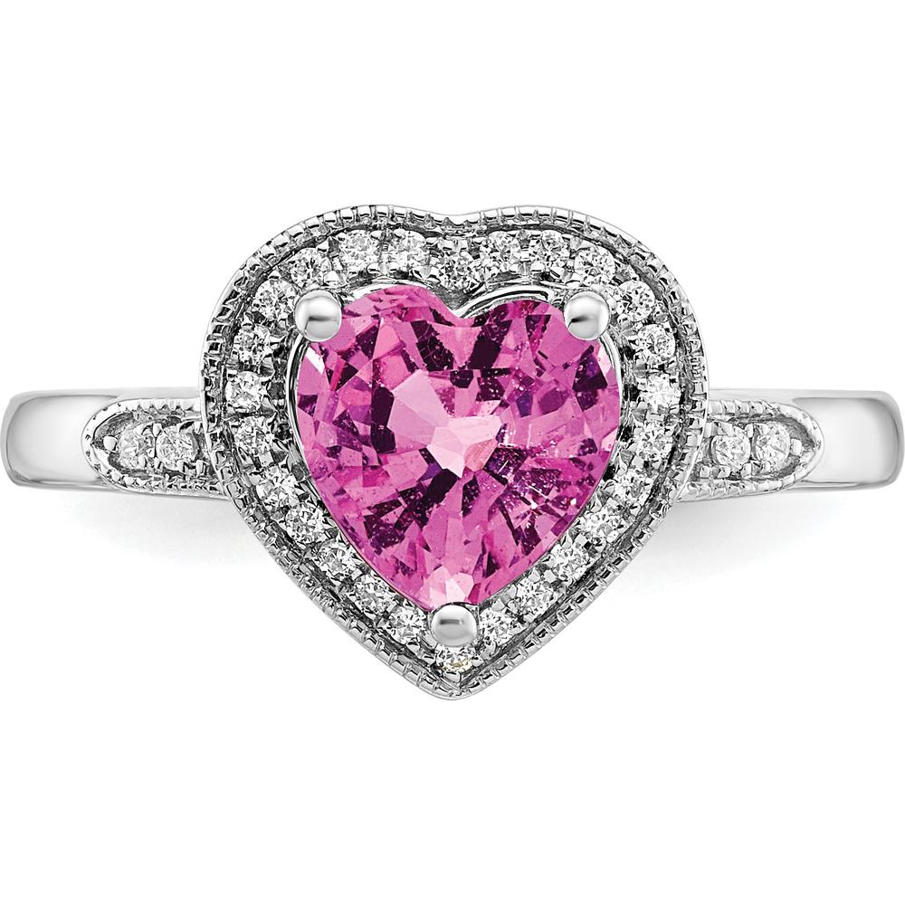 14K White Gold Heart Shaped Lab Created Pink Sapphire and Diamond Halo Ring - 1.52 Carat Total Sapphire Weight, 0.034 Carat Total Diamond Weight by 0