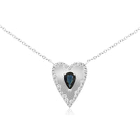 14K White Gold Heart-Shaped Pendant Necklace with Pear-Cut Sapphire and Round Diamond Halo - 0.53 Carat Sapphire and 0.26 Carat Total Diamond Weight - Royal Jewelry
