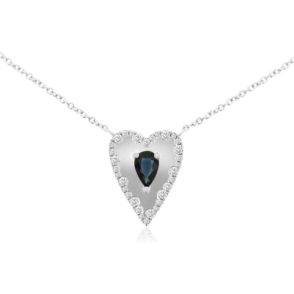 14K White Gold Heart-Shaped Pendant Necklace with Pear-Cut Sapphire and Round Diamond Halo - 0.53 Carat Sapphire and 0.26 Carat Total Diamond Weight - Royal Jewelry