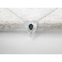14K White Gold Heart-Shaped Pendant Necklace with Pear-Cut Sapphire and Round Diamond Halo - 0.53 Carat Sapphire and 0.26 Carat Total Diamond Weight - Royal Jewelry