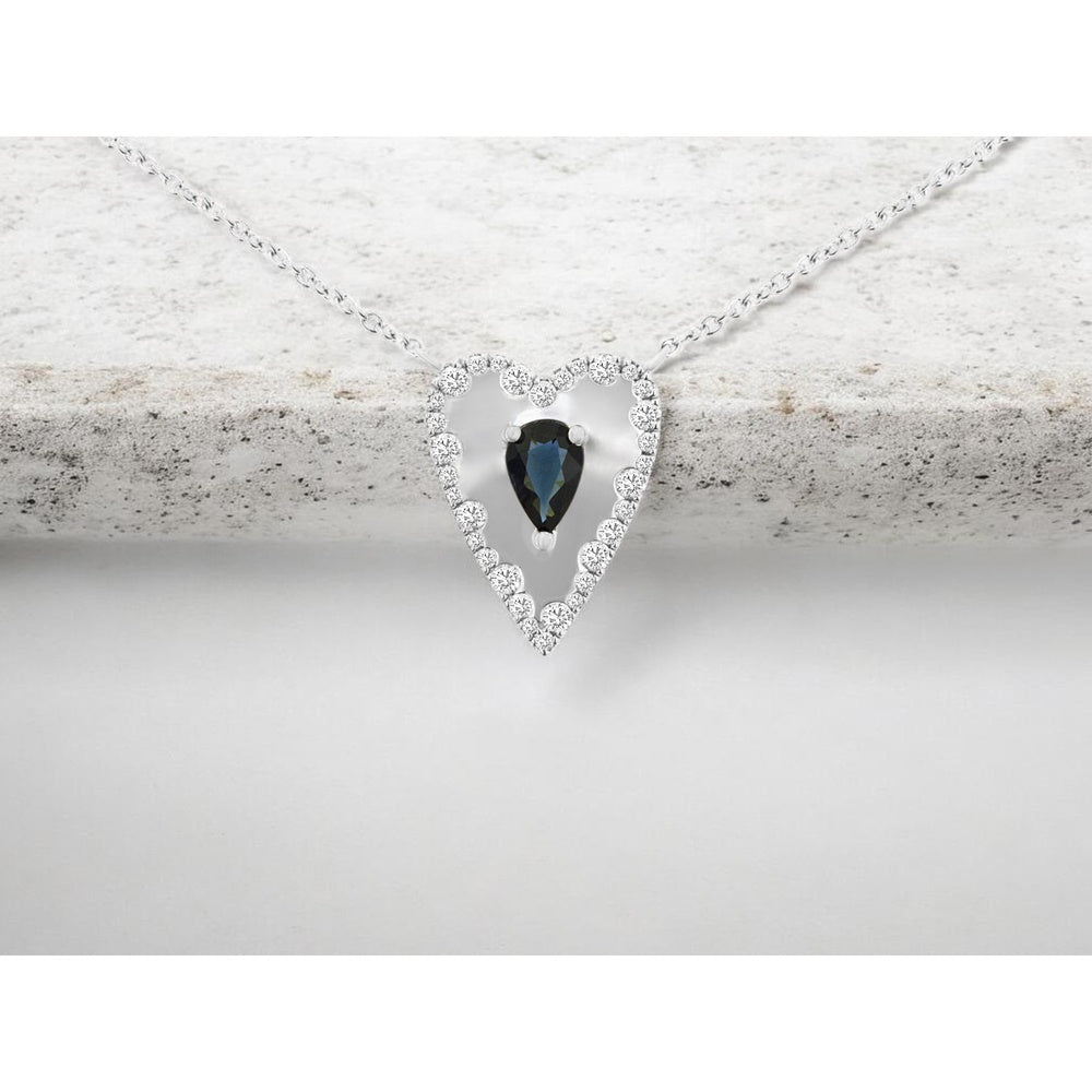 14K White Gold Heart-Shaped Pendant Necklace with Pear-Cut Sapphire and Round Diamond Halo - 0.53 Carat Sapphire and 0.26 Carat Total Diamond Weight - Royal Jewelry