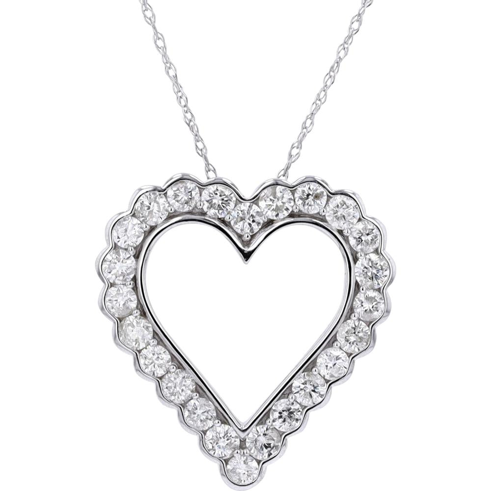 14K White Gold Heart-Shaped Pendant with Scalloped Round Diamonds - 1.00 Carat Total Diamond Weight