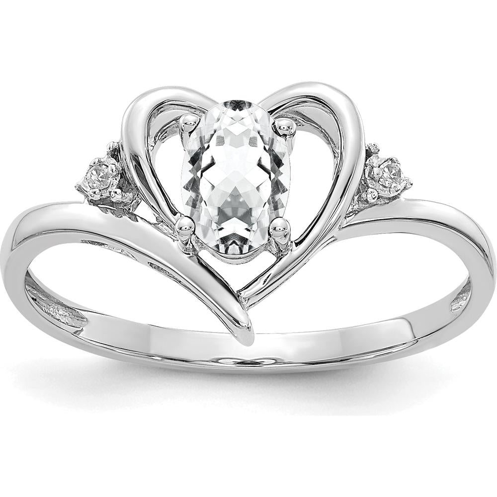 14K White Gold Heart-Shaped Ring with Oval White Topaz and Round Diamonds - 0.55 Carat Total Stone Weight by Oro Pregiato