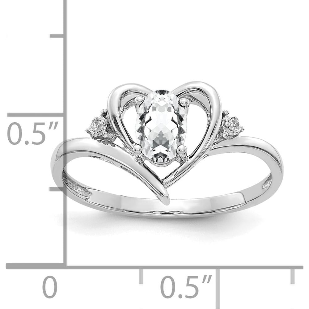 14K White Gold Heart-Shaped Ring with Oval White Topaz and Round Diamonds - 0.55 Carat Total Stone Weight by Oro Pregiato