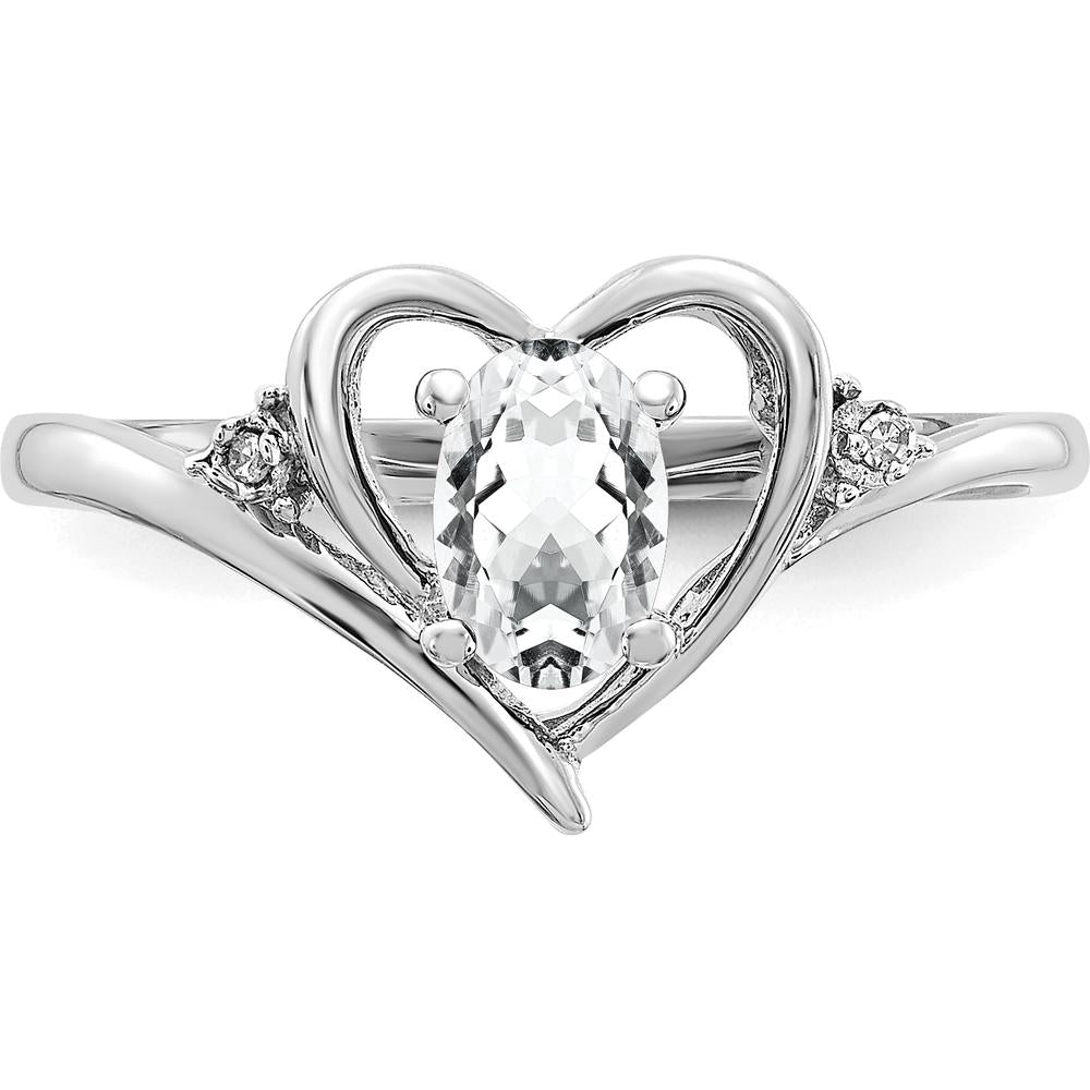 14K White Gold Heart-Shaped Ring with Oval White Topaz and Round Diamonds - 0.55 Carat Total Stone Weight by Oro Pregiato