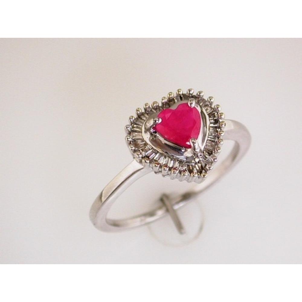 14K White Gold Heart Shaped Ruby Ring with Baguette Diamond Halo Accents - 0.60 Carat Ruby and 0.25 Carat Total Diamond Weight - Royal Jewelry
