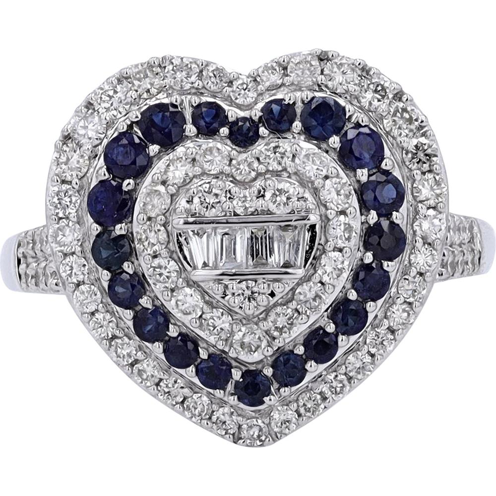 14K White Gold Heart-Shaped Sapphire and Diamond Halo Ring - 0.42 Carat Sapphires, 0.65 Carat Diamonds