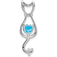 14K White Gold Heart-Shaped Swiss Blue Topaz and Diamond Cat Pendant with Rhodium-Plated Finish - 0.99 Carat Topaz Total Weight by Lumare Gioia