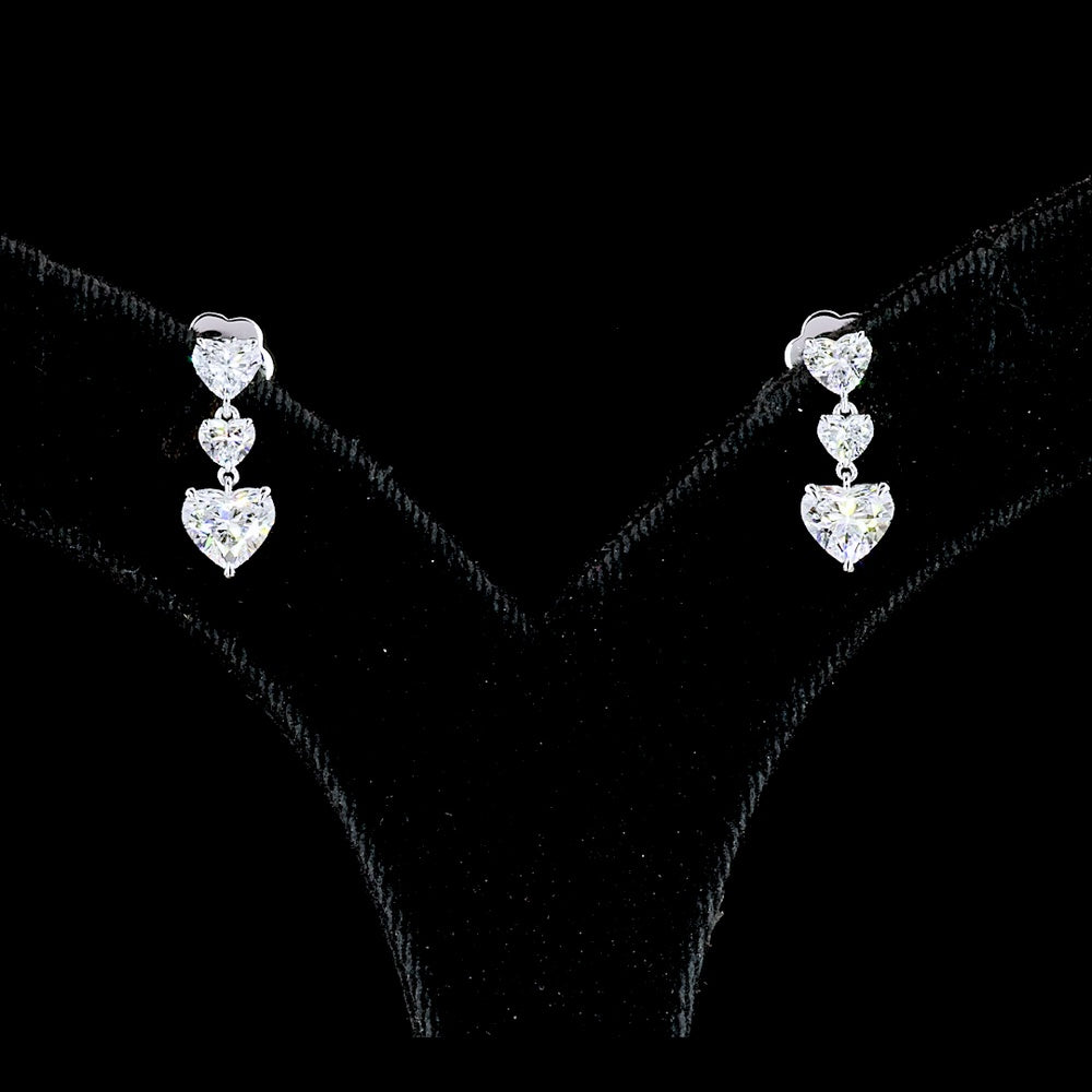 14K White Gold Heart-Shaped Three-Tier Drop Earrings with Lab Diamonds - 2.03 Carat Total Diamond Weight - Covaloro Fine Jewelry