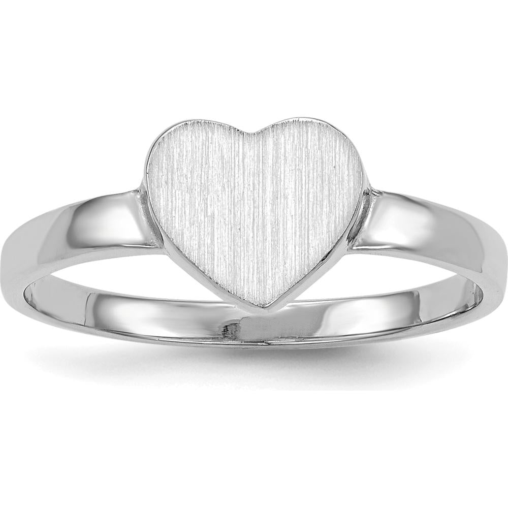 14K White Gold Heart Signet Ring with Satin Finish and Rhodium Plating - Customizable and Engravable by 0