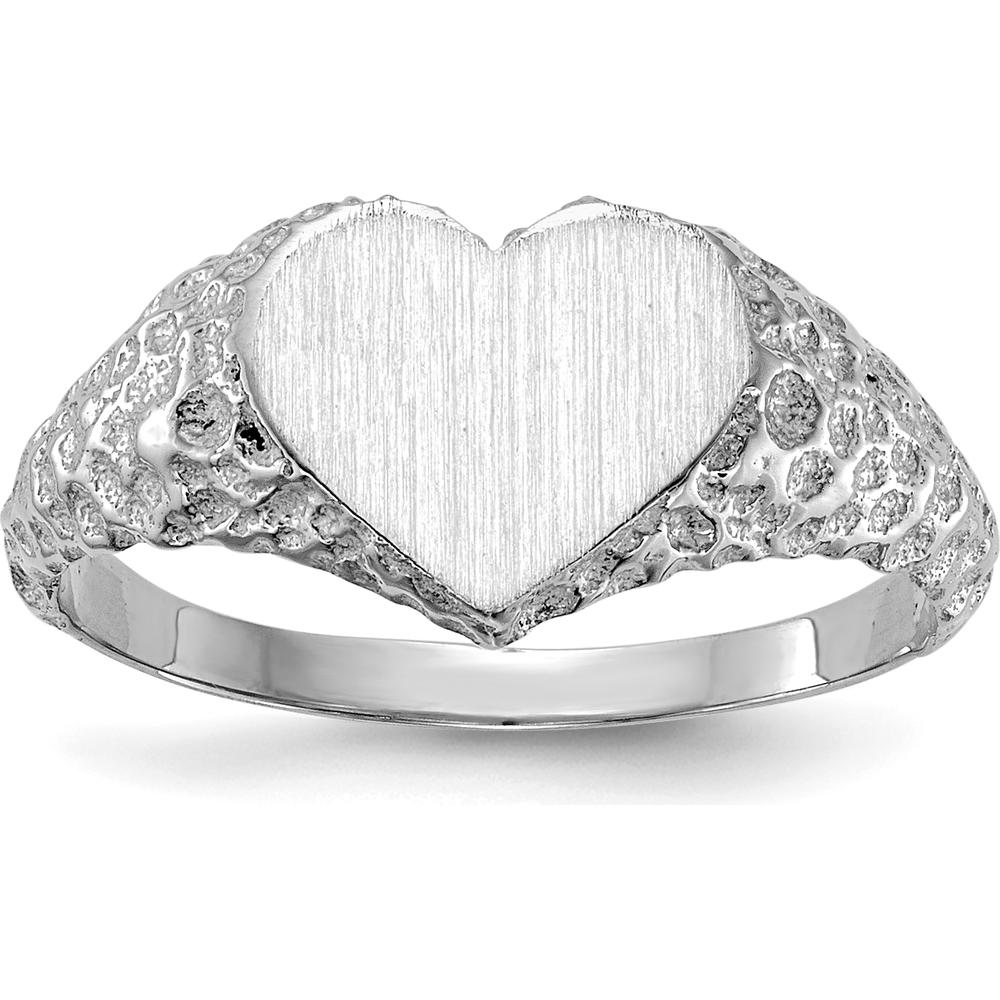 14K White Gold Heart Signet Ring with Satin Finish - Polished & Brushed with Engravable Heart Top by 0
