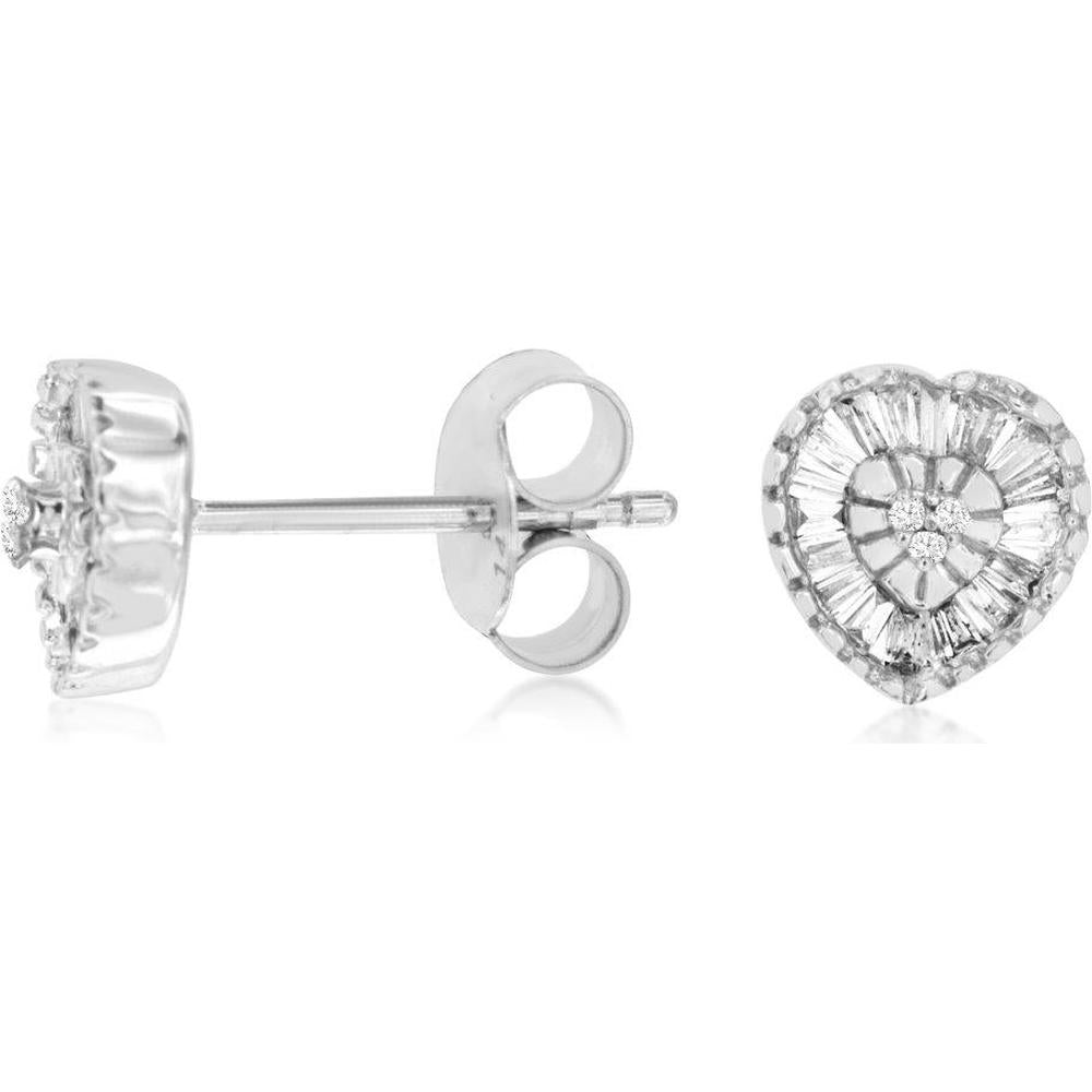 14K White Gold Heart Stud Earrings with Baguette and Round Diamonds - 0.28 Carat Total Diamond Weight - Royal Jewelry
