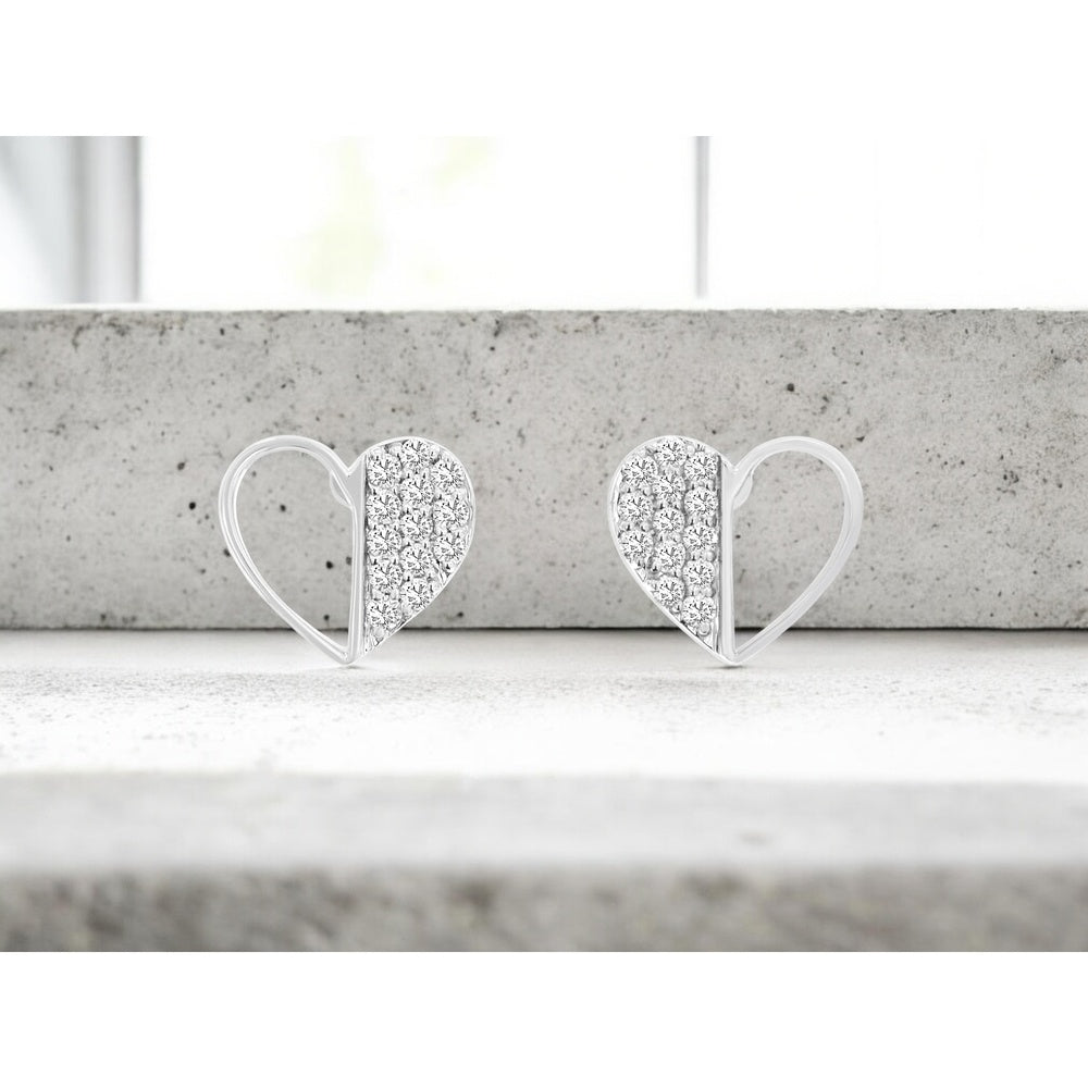 14K White Gold Heart Stud Earrings with Pavé Set Round Diamonds - 0.25 Carat Total Diamond Weight - Royal Jewelry