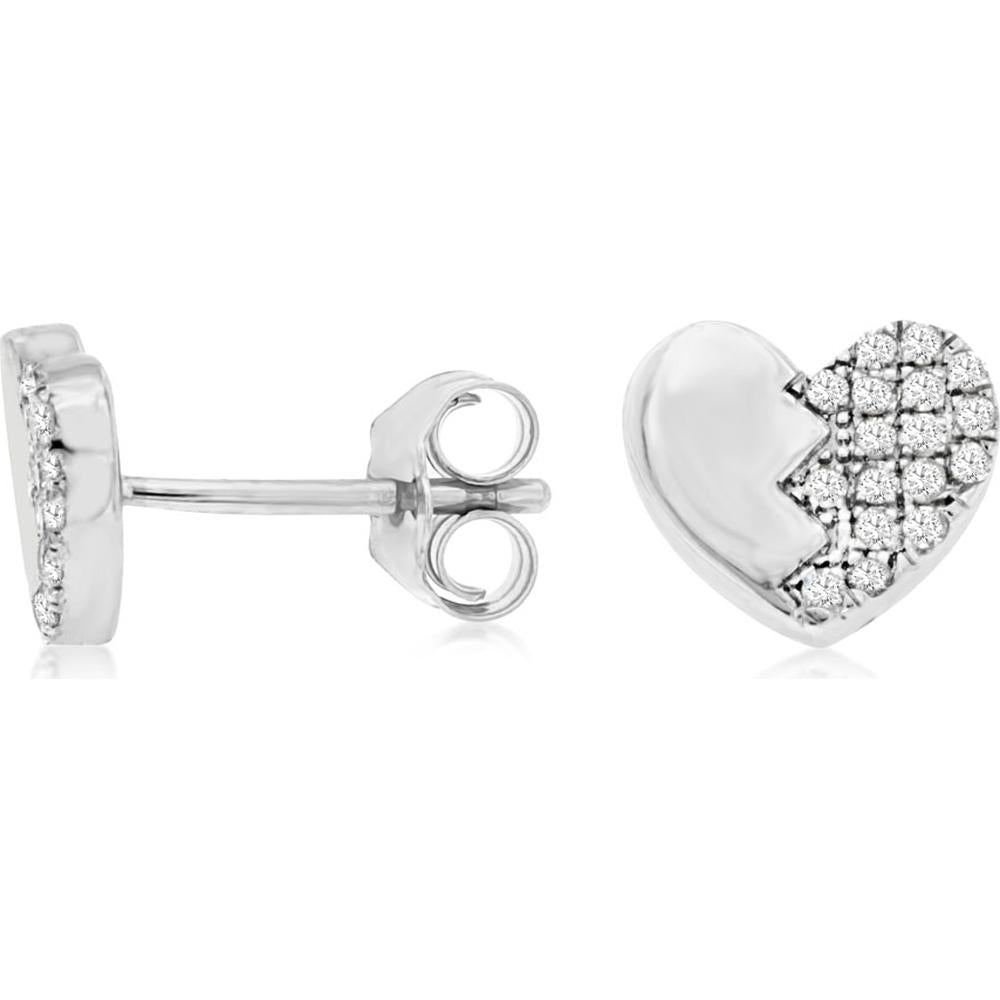 14K White Gold Heart Stud Earrings with Round Diamonds - 0.15 Carat Total Diamond Weight - Royal Jewelry