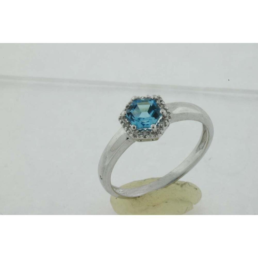 14K White Gold Hexagon Blue Topaz & Diamond Halo Ring - 0.73 Carats Total Gem Weight
