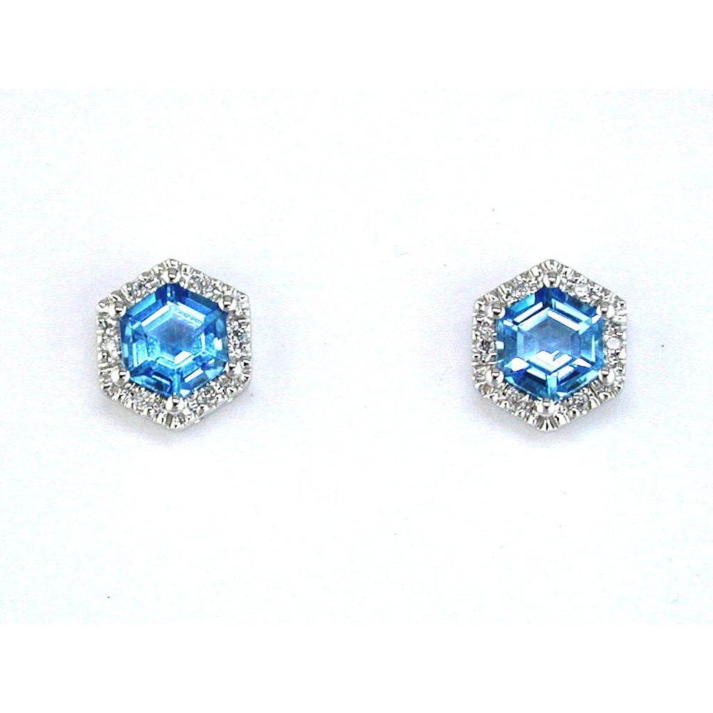 14K White Gold Hexagon-Cut Blue Topaz Stud Earrings with Diamond Halo - 1.30 Carat Total Topaz Weight and 0.05 Carat Total Diamond Weight - Royal Jewelry