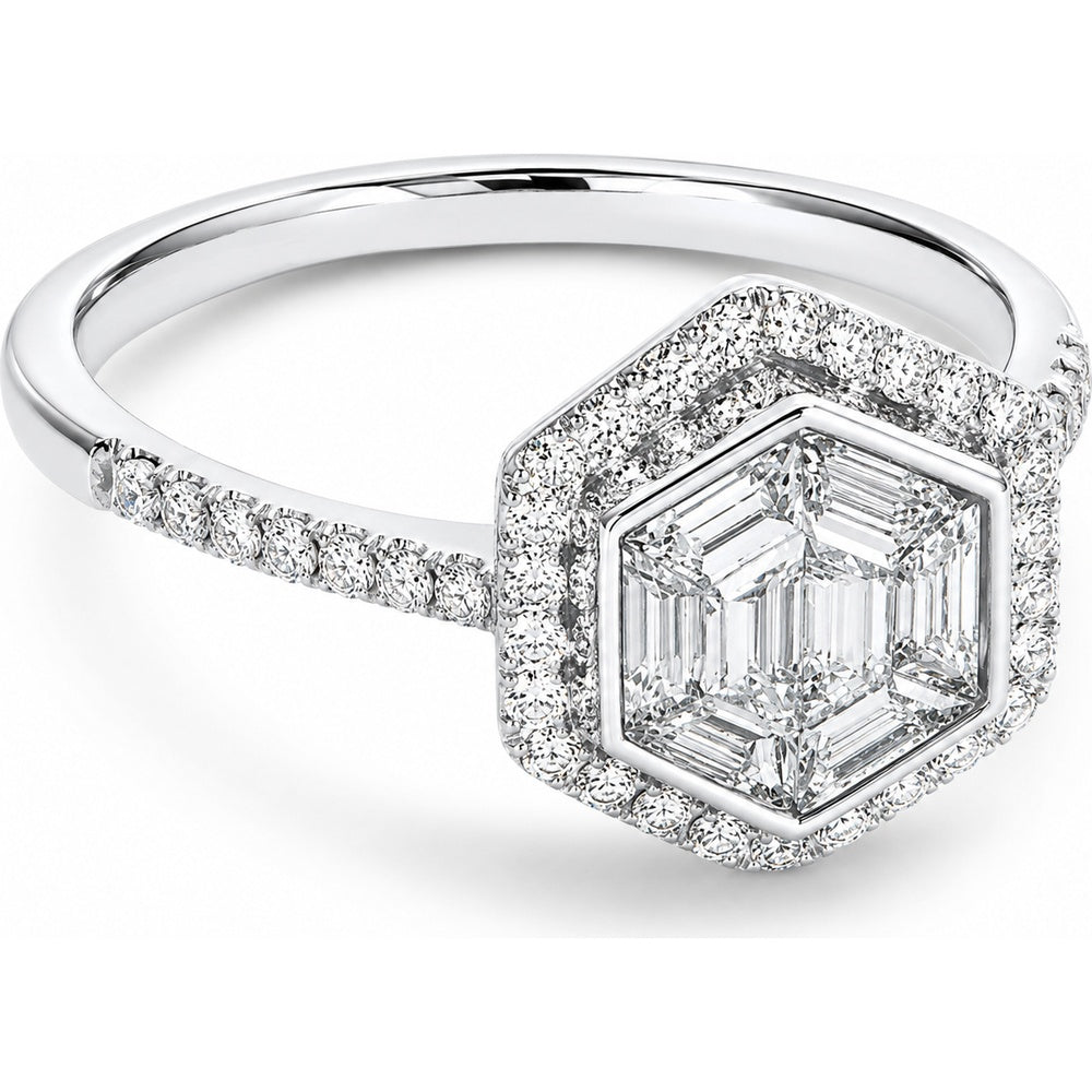14K White Gold Hexagon Halo Engagement Ring with Baguette and Round Diamonds - 1.13 Carat Total Diamond Weight by Auriventus